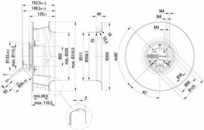 R3G310-AO75-01 — Ventilateur centrifuge pales incurvées vers l'arrière ebm-papst, Ø310 mm, technologie EC (GreenTech) — ebm-papst
