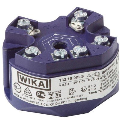 WIKA-N2-T32-XS-08-010V-DIN-TYPE-K-0-600-C — Transmetteur de température numérique HART WIKA T32.xS, Type K 0-600°C, sortie 0-10 V, connecteur DIN